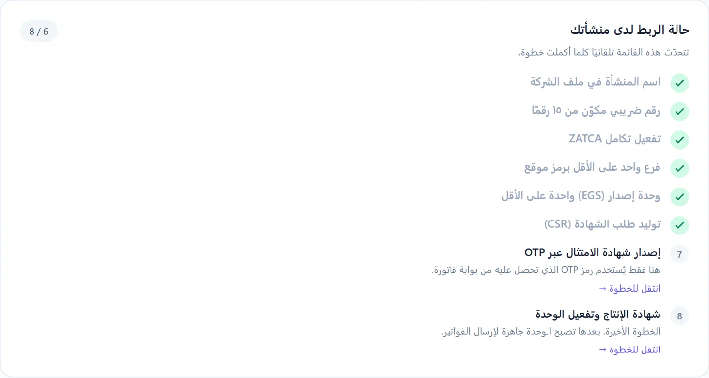 قائمة حالة الربط في وندرفاتورة تعرض ست خطوات مكتملة من ثمانٍ مع روابط للخطوات المتبقية